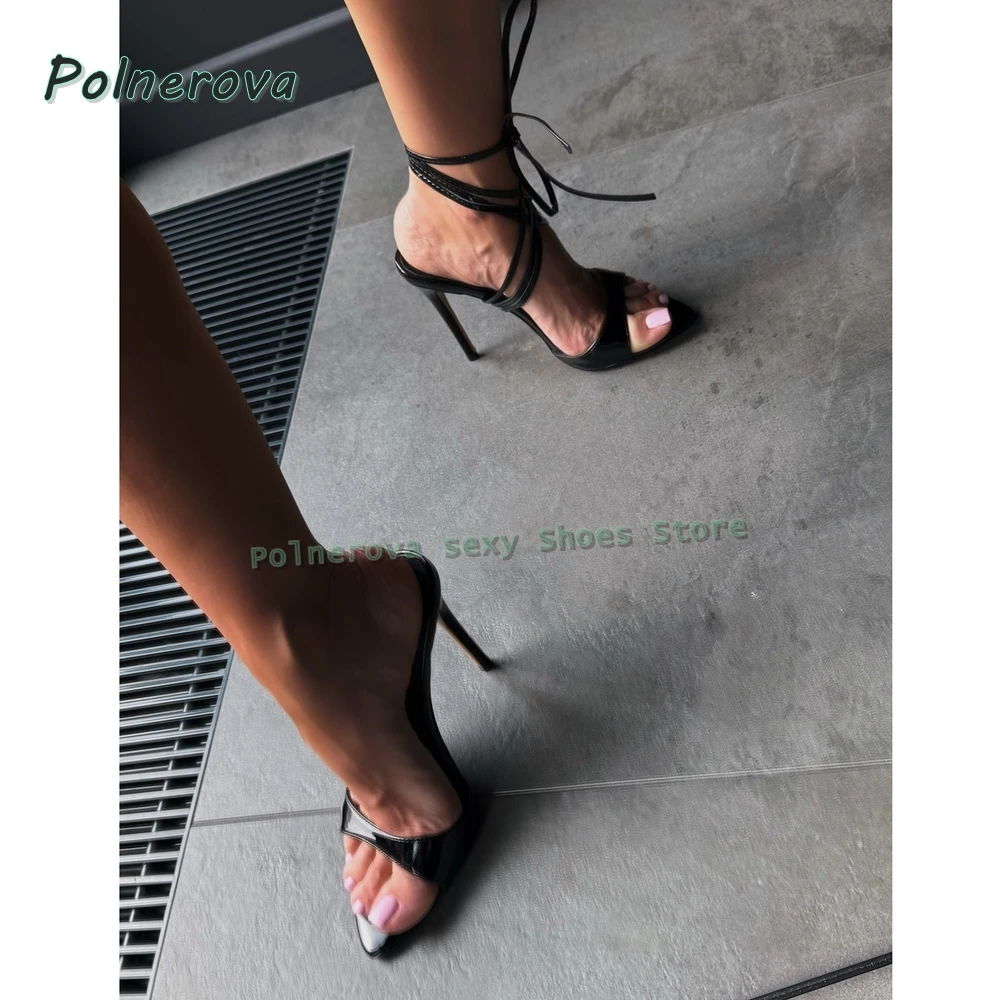 Black Patent Leather Ankle Strap Stiletto Sandals Women's Open Toe Heels for Night Out Party Club and Sexy Evening Wear Summer