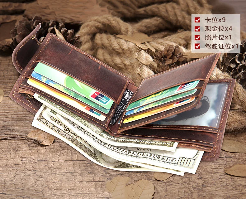 Crazy Horse Cowhide Leather Wallet for Men Genuine Leather Men Wallet Hasp Vintage Wallet Men