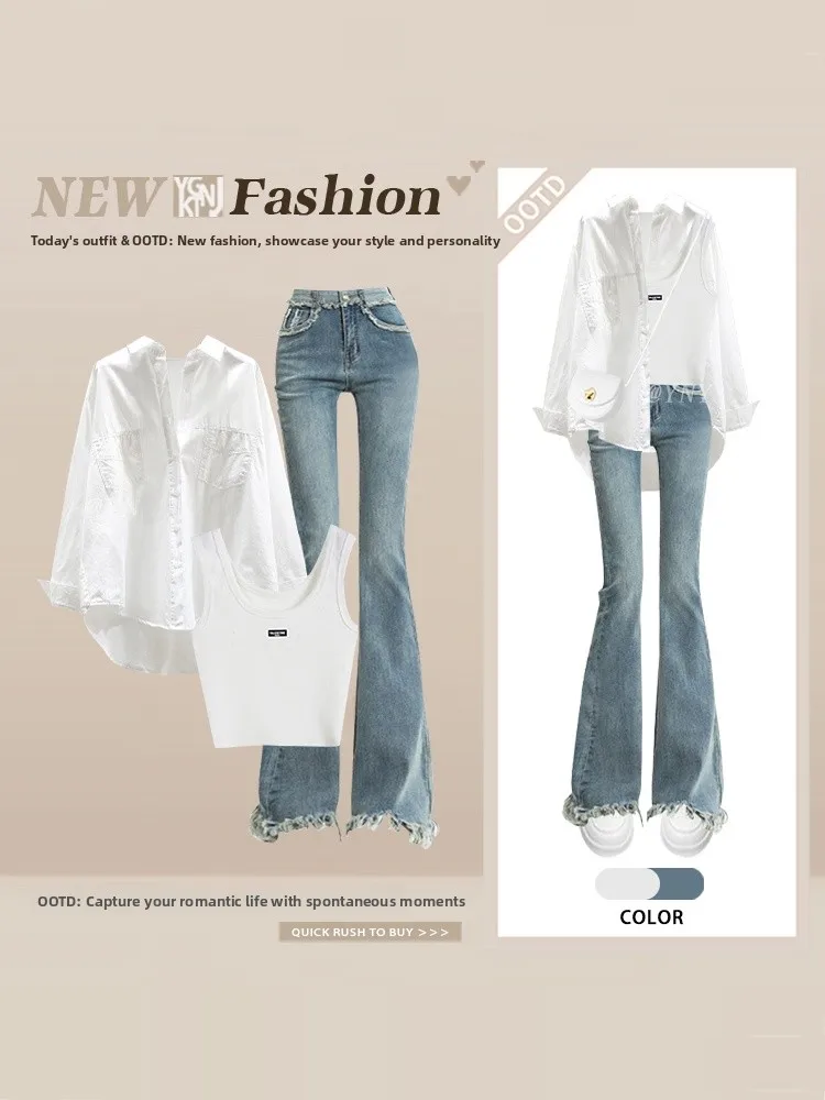 

Spring Summer Loose Thin Long Sleeve Casual Fashionable Denim High Waist Slimming Jeans Three Piece Set Women's Clothing