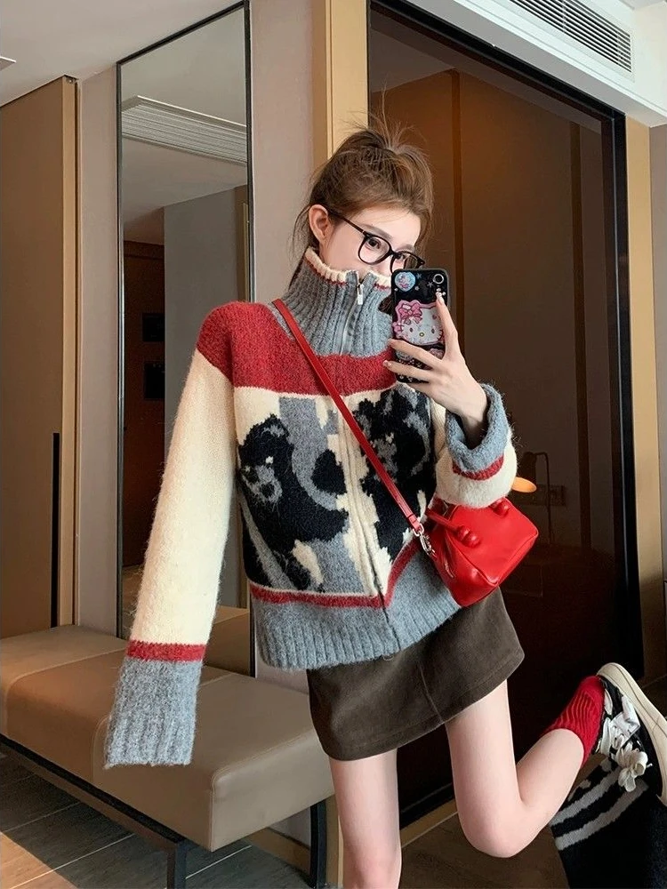 Autumn Winter Lazy Knit Cardigan Patchwork Cartoon Print Anime Sweater Soft Aesthetics Women Zipper Jacket Short Tops Streetwear