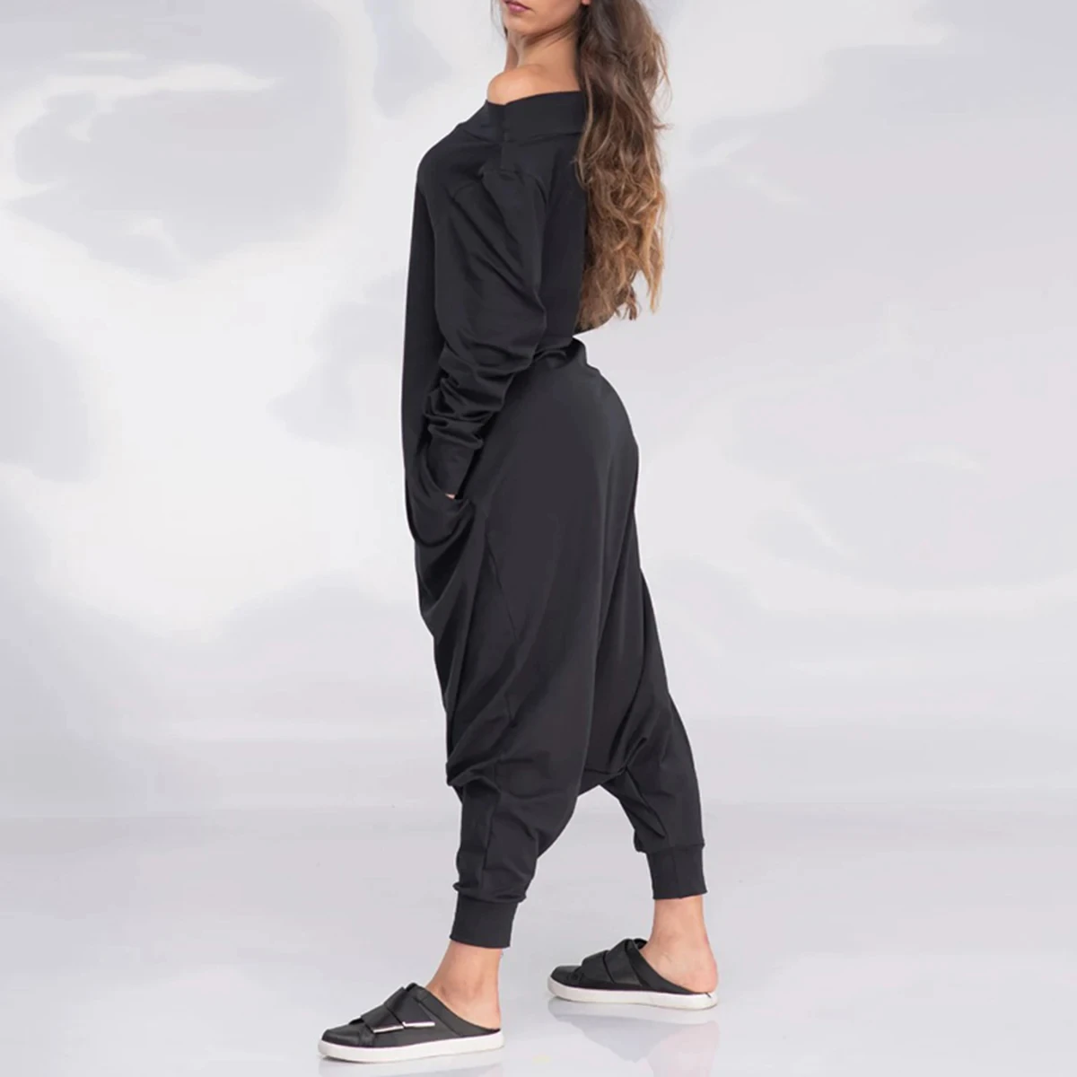 Uslemon Fashion Female Simple Black Casual Loose Solid Color Long Sleeves Pockets Off-The-Shoulder Jumpsuits For Women