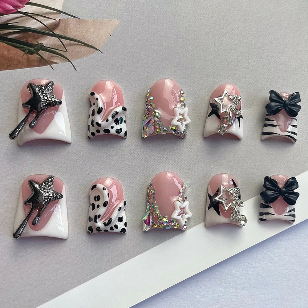 

Y2K Fashion Short Duckbill Pink Handmade Wearable Nails French Wave Point Streak Zircon Pentagram Full Cover Nail Ring Set