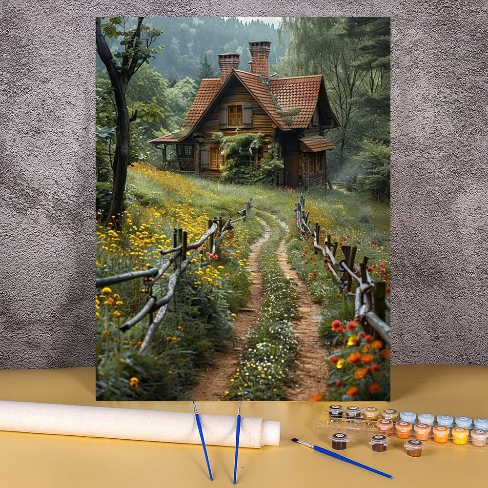 Coloriage par numéros Kits de paysage de maison de forêt peinture par numéro bricolage sans cadre dessin moderne sur toile peint à la main Art cadeau