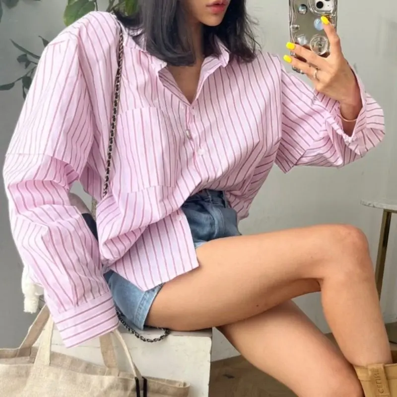 

Women's Ne Striped Lettering irt Design Loose Fit Long Sve Cotton Casual Top False Two-Piece Spring Summer Faion