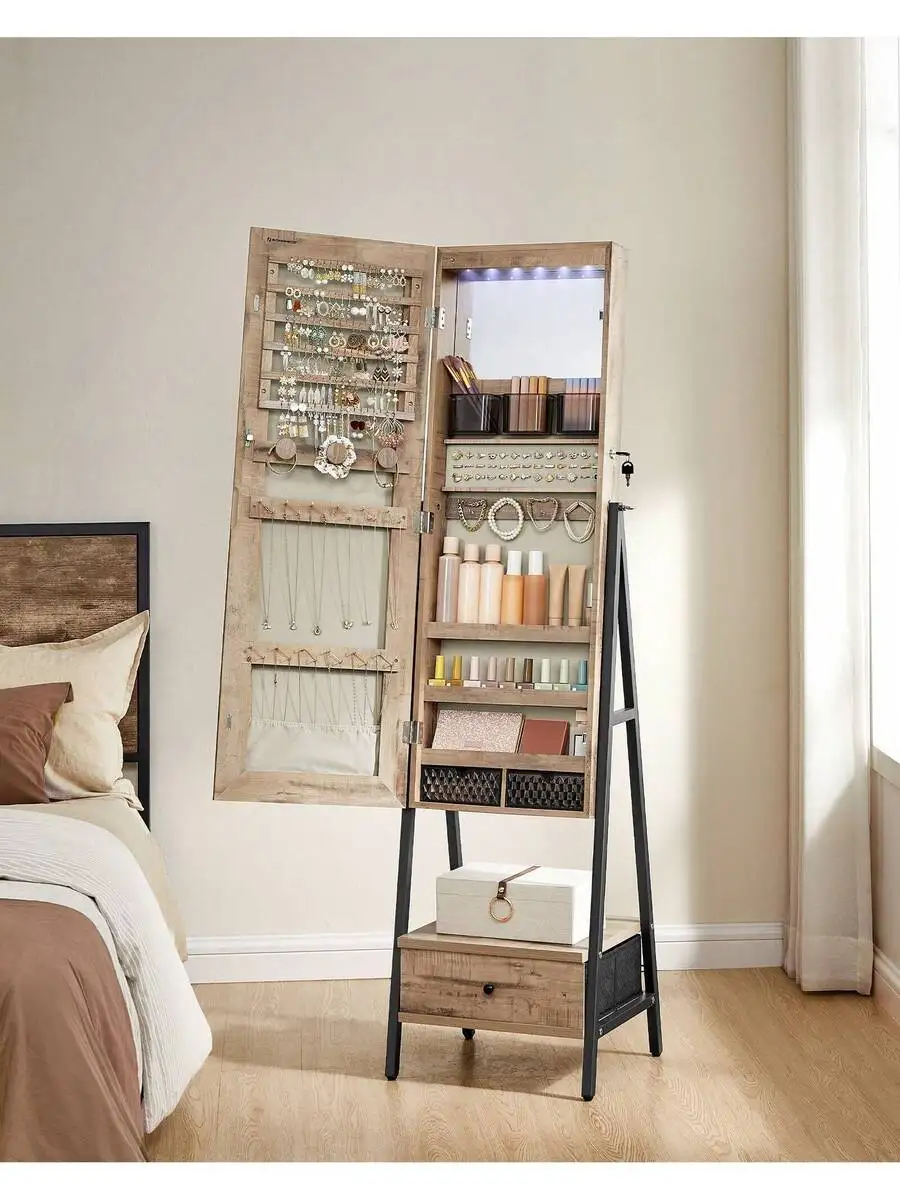 LED Mirror Jewelry Cabinet Standing, Lockable Jewelry Armoire With Full-Length Mirror, Space-Saving Jewelry Organizer With Mirro