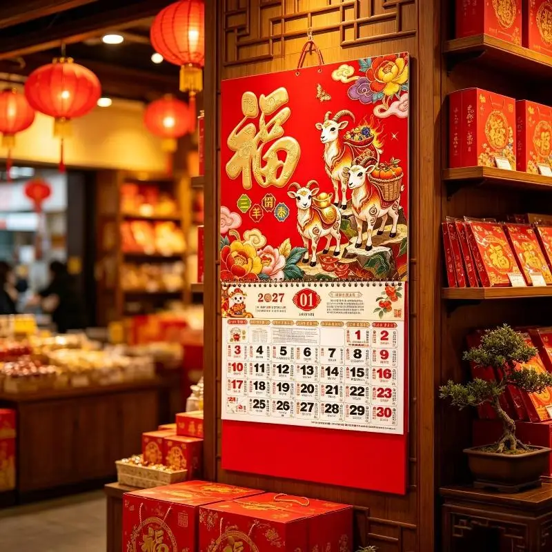 New 2027 Traditional Zodiac Sheep Year Wall Calendar Red Gold Foil Chinese Lunar New Year Decor