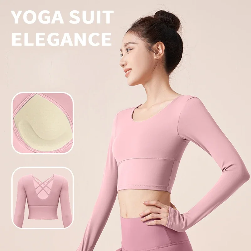 

New Long Sleeve Yoga Tops Women Solid Sports T-shirts Gym Workout Running Exposed Navel Bra-free Quick Dry Cross Back Yoga Suit