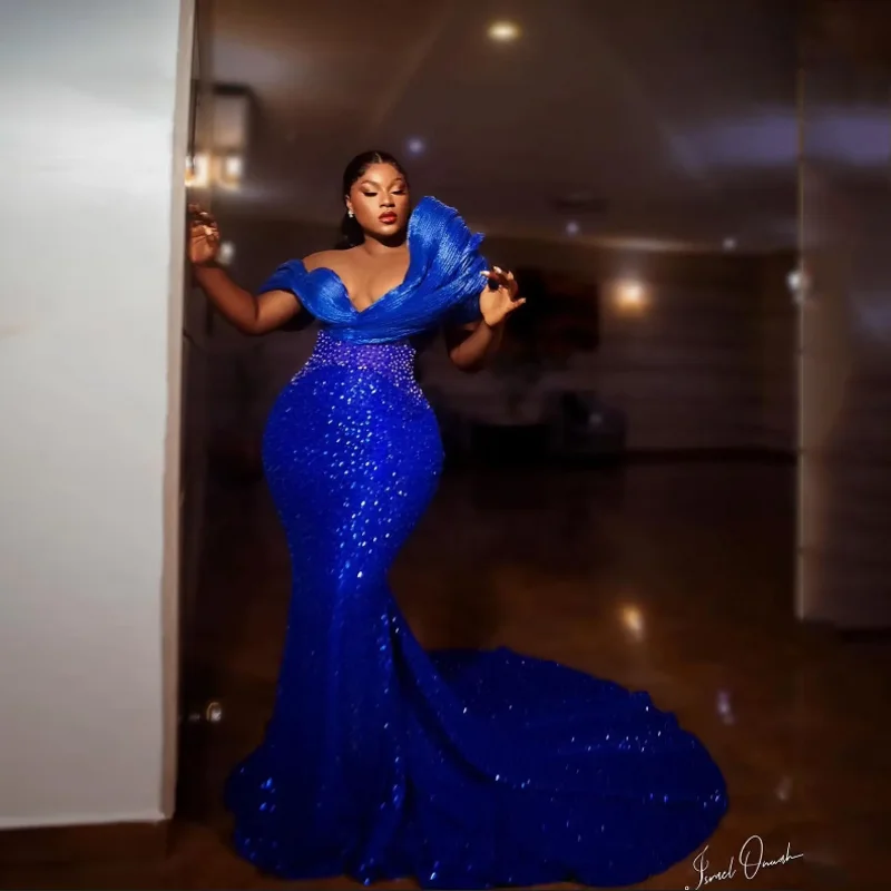 

Luxury Beaded Evening Dresses Royal Blue Long Formal Occasions Black Women Mermaid Gowns Long Sequined Party Dress Ruffled
