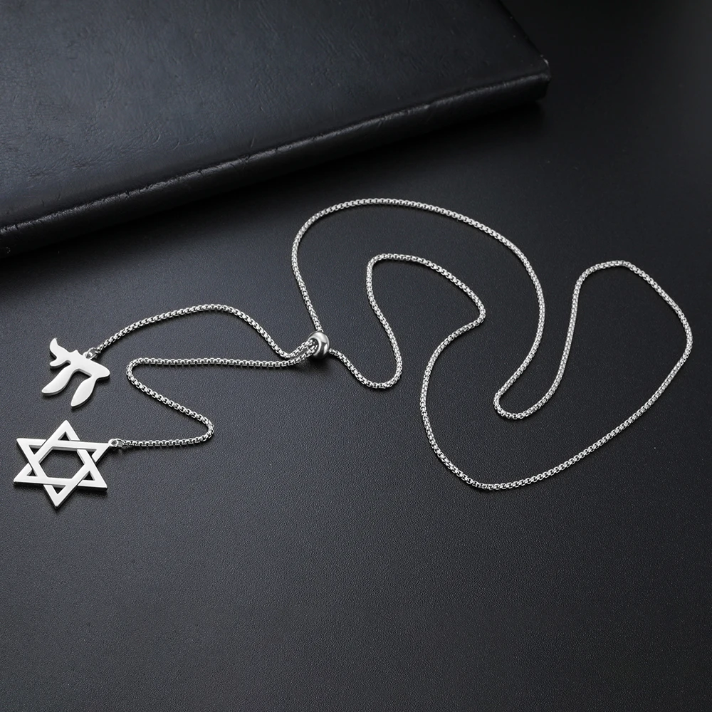 Dawapara Davidstern und jüdischer hebräischer Chai-Anhänger, lange Halskette, Pulloverkette, Hexagramm, Judentum, Edelstahlschmuck – Detail 15