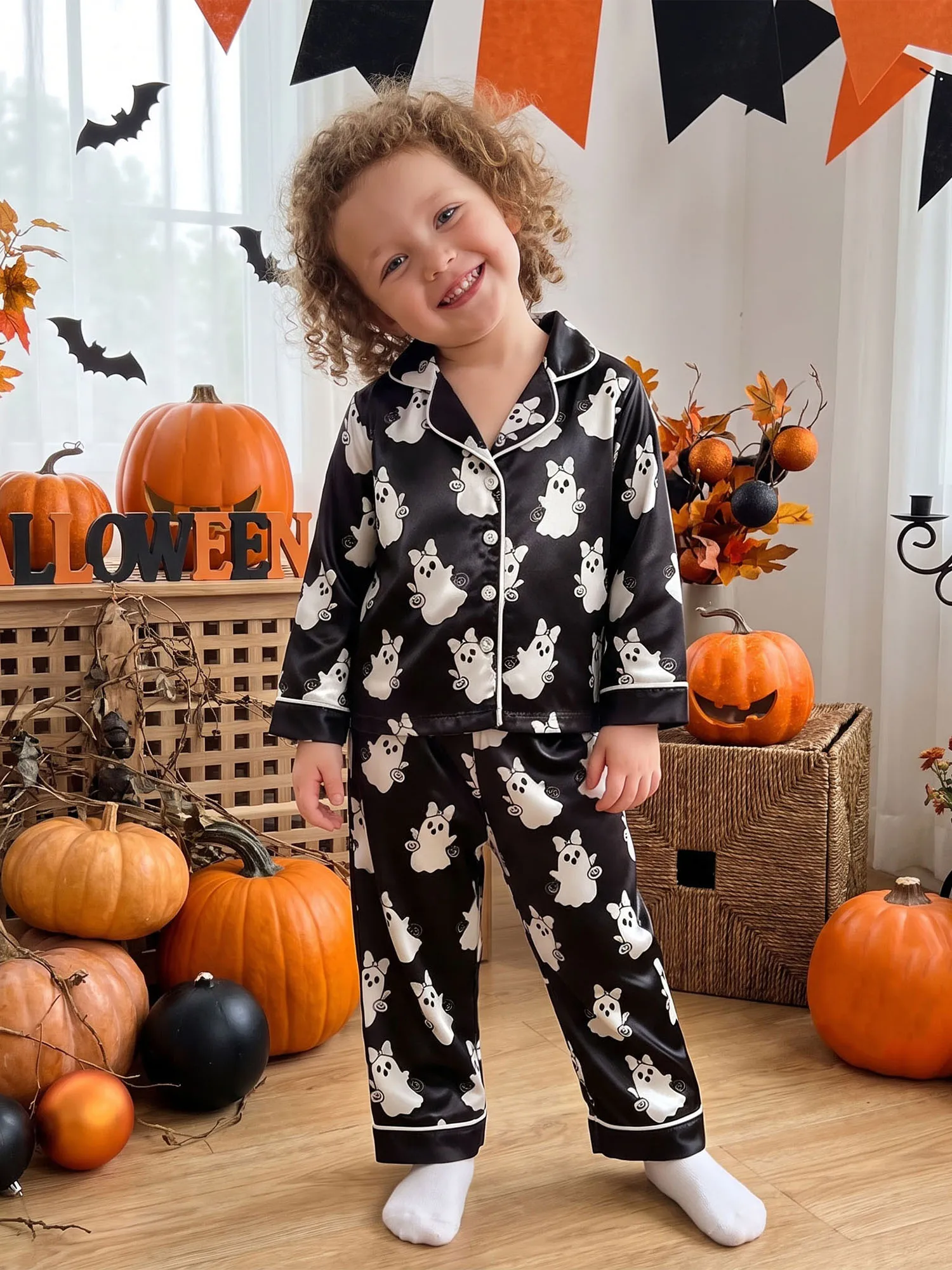 Print Long Sleeve Tops Pajamas-Ghost-Print Girls Halloween Girls Halloween Pajamas Girls-Halloween Print Long Sleeve