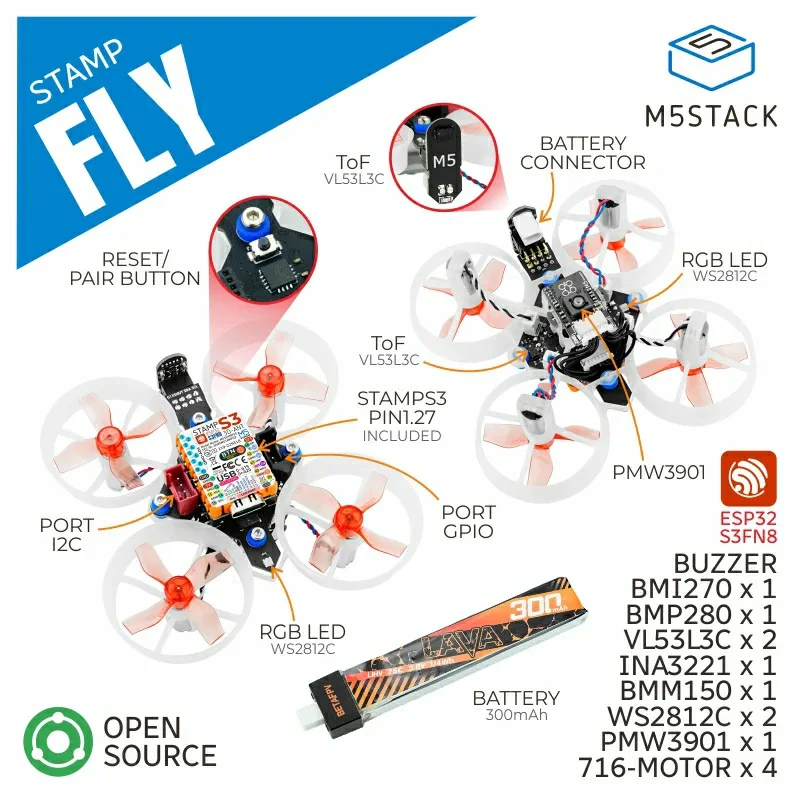 M5STACK Stamp Fly Programowalny zestaw płytki rozwojowej quadcoptera z otwartym zasilaniem Główny kontroler M5StampS3