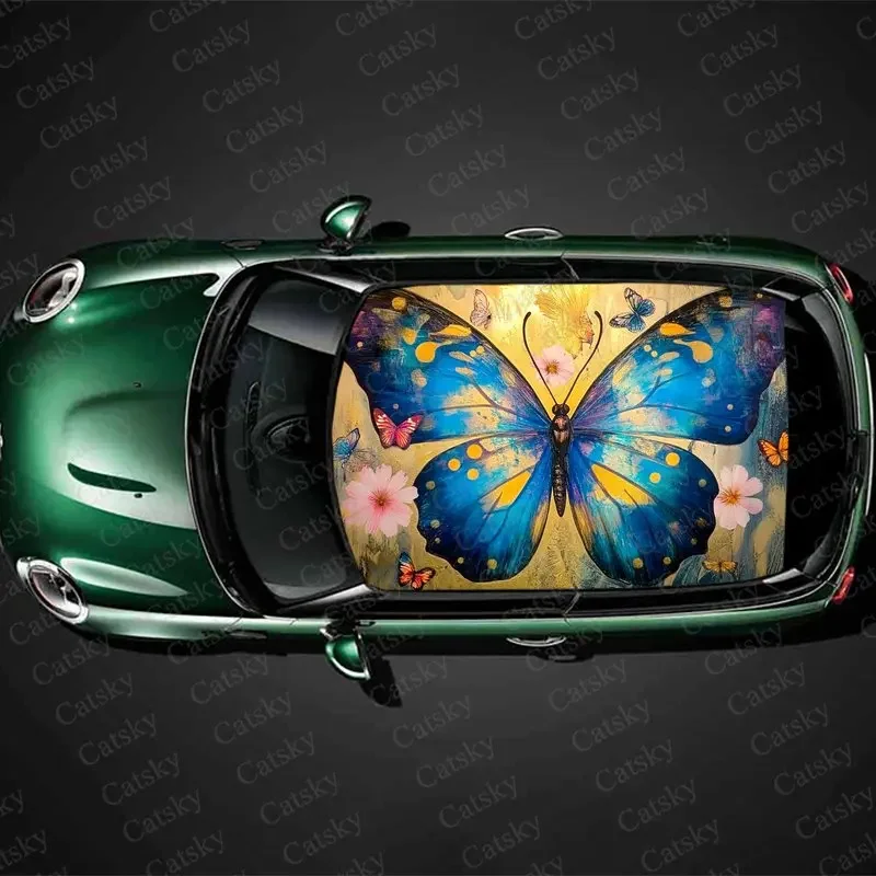 Blue Butterfly Animal Print Car Roof Sticker Wrap Racing SUV Auto Accessories Packaging PVC Car Hood Graphic Decal Decoration