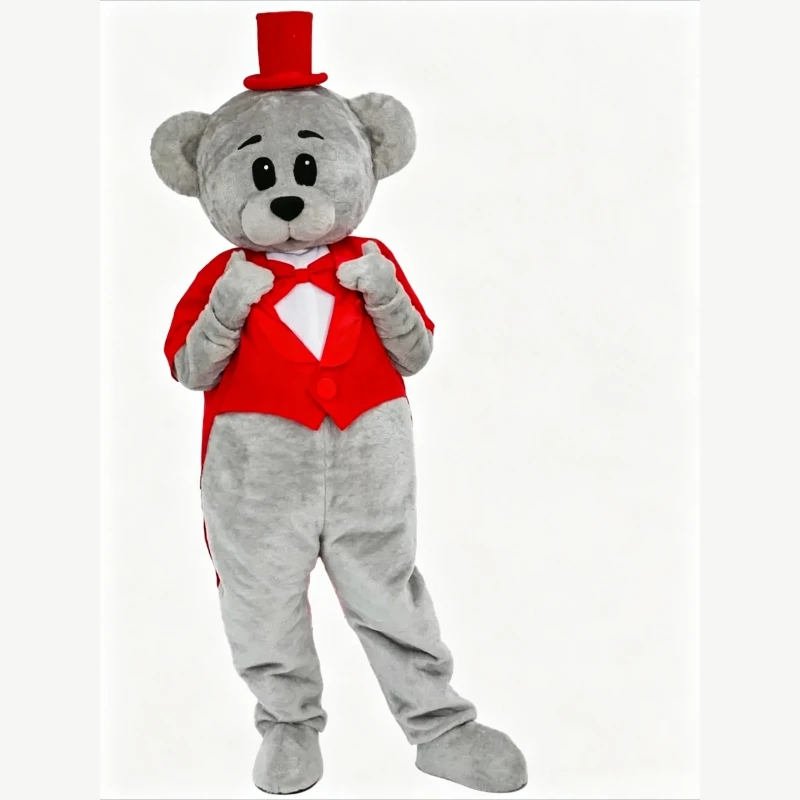 Red Hat Grey Bear Mascot Costume Red Tailcoat Cute Teddy Bear Cartoon Adult Plush Halloween Christmas Fancy Wedding Party