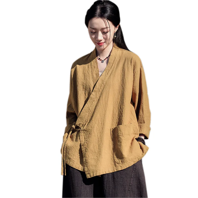 Women Hanfu Ramie Cotton Wrap Over Cardigan Shirt Asymmetrical Neo Chinese Traditional Tops