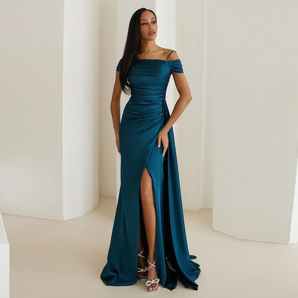 

Spaghetti Straps Satin Pleated Sheath Formal Evening Dress Backless Sweep Court Prom Gown with Side Split vestidos de festa