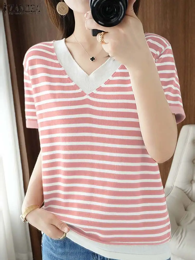 ZANZEA Holiday Summer Short Sleeve T-shirt Women Casual Plaid Tees Fashion Korean V-neck Knitted Tops Vintage Simple Basic Tunic