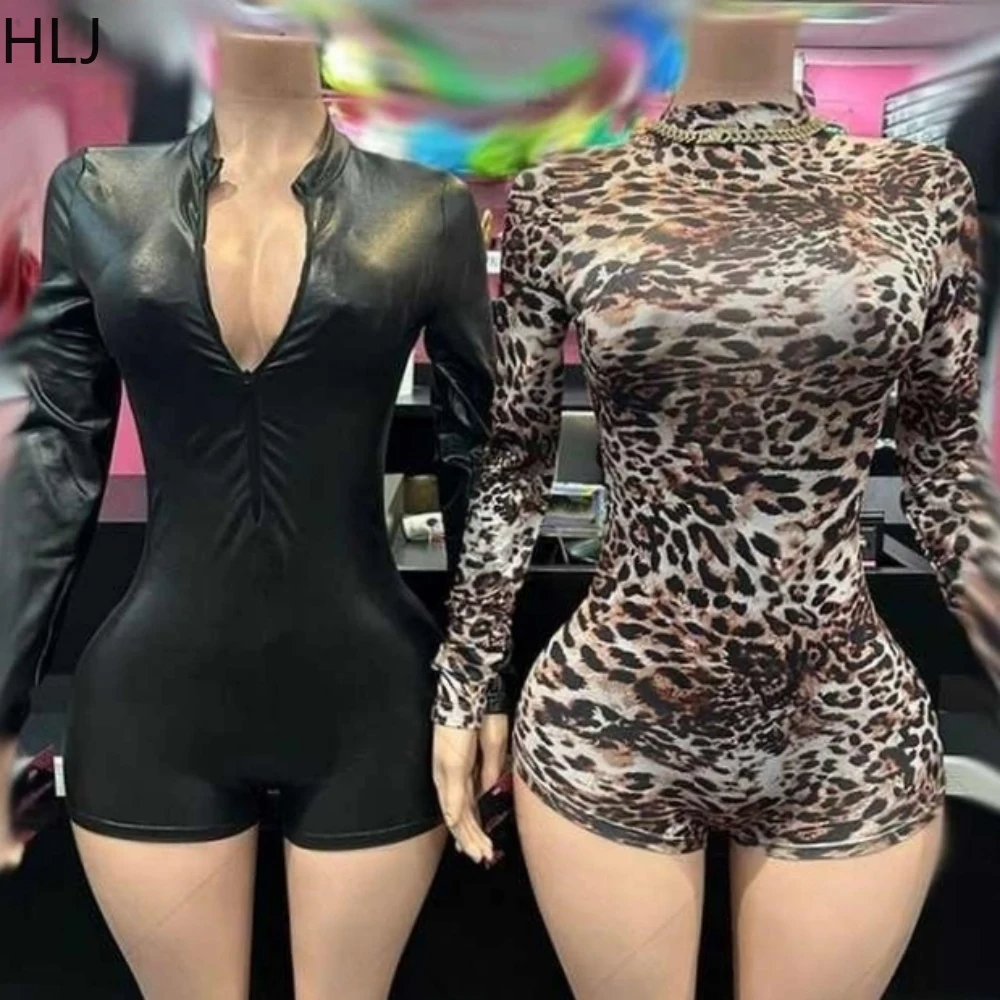 

HLJ Sexy Leopard Bodycon One Piece Rompers Women Zipper Long Sleeve Slim Leather Playsuits Fashion Print Party Clubwear Jumpsuit