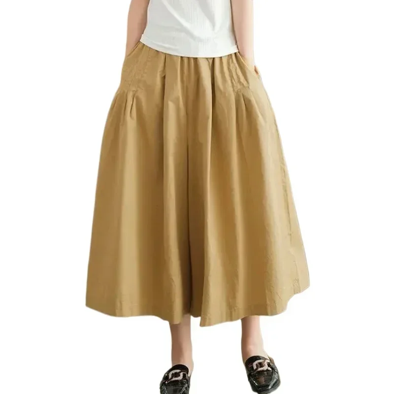Khaki 100% Pure Cotton Capri Pants for Women Casual Loose Elastic Waist Black Wide Leg Skirt Pants Summer 2026 Retro Style