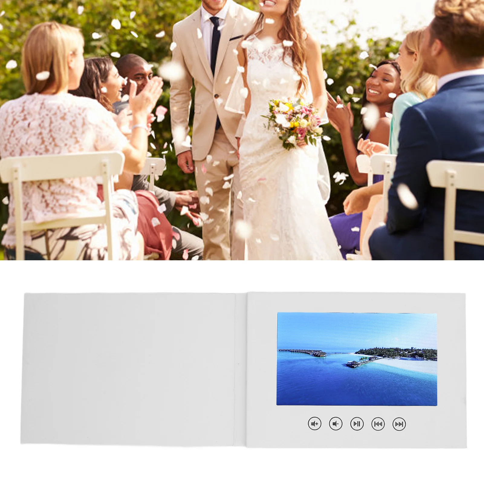 โบรชัวร์วิดีโออิเล็กทรอนิกส์ 720P HD การ์ดอวยพรวิดีโอ หน้าจอสี LCD พร้อมลำโพงในตัว สติ๊กเกอร์สำหรับคริสต์มาส