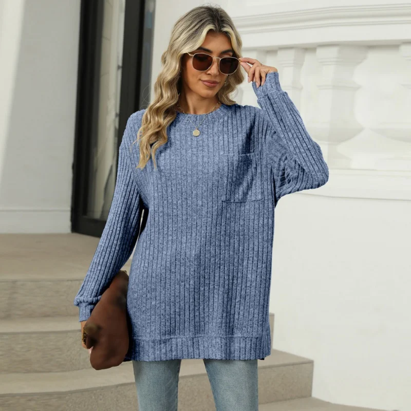 Autumn  Women Stripped Shirts Top O Neck Long Sleeve Shirt Ribbed Knit Ladies Blouse Shirt Loose Fit Tunic Tops Blusa Feminina