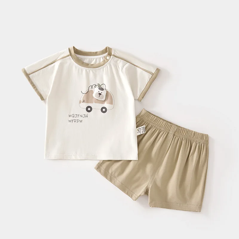 Baby Short-Sleeved T-shirt Suit Home Wear Thin Ice Skin Cotton Summer Children's Shoulder Open Shorts Loose Baby Outerwear