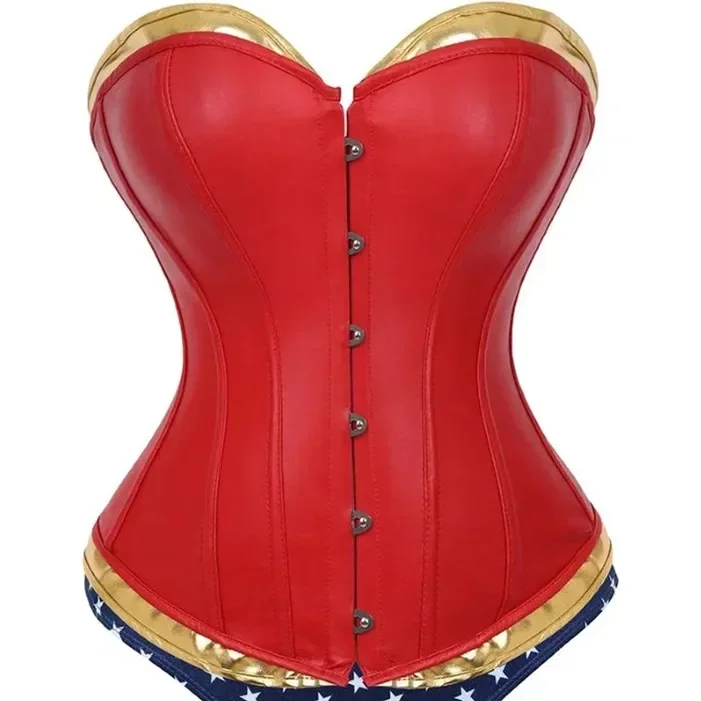 Women Fashion Corset Sexy Leather Overbust Bustier Steampunk Woman Red Faux Leather Up Corset Burlesque Costume Plus Size