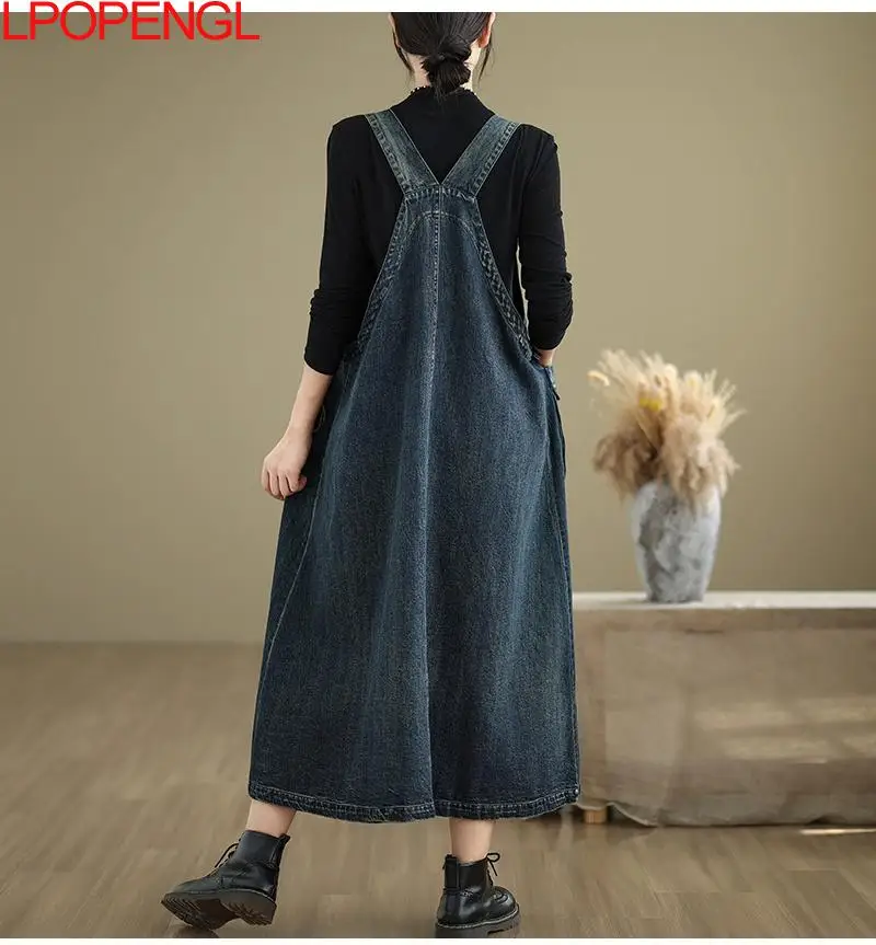Fashion Solid Color Loose Denim Spaghetti Strap Dress Women Spring And Summer V-neck Suspender Spliced Large Pockets Long Dress