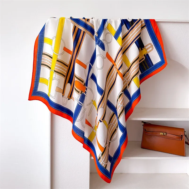 90*90 2024 New Fashion Light Luxury Silk Scarf Women Twill Simple Square Scarves Ladies Sunscreen Shawl Headscarf All Seasons image 2