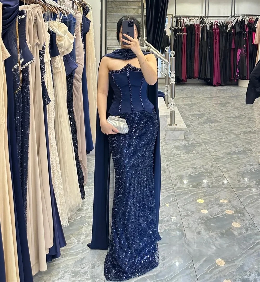 

Blue Beaded Long Sleeves Bespoke Occasion Gown Evening Dresses Prom Pastrol Unisex Jersey Retro Dubai Saudi Arabic Customized