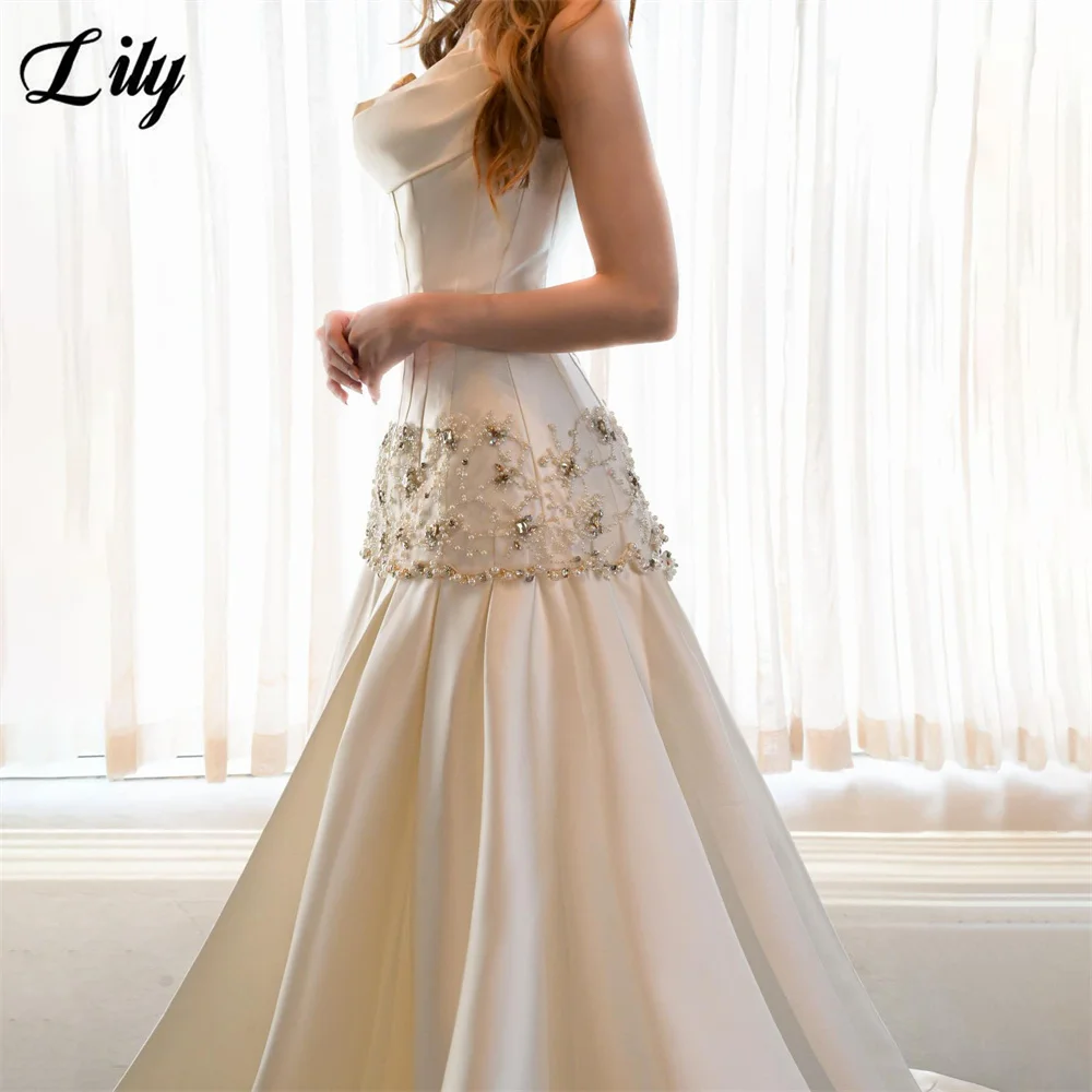 Lily Ivory Elegant Party Dresses A-Line Satin Evening Dresses with Beaded Waist Formal Gown Floor Length Prom Gown Customized