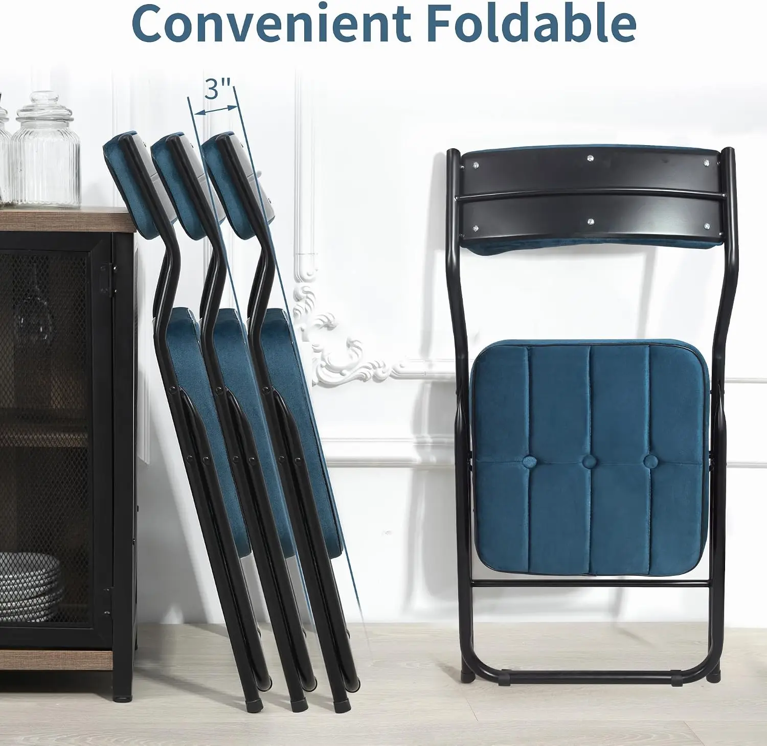 Padded Folding Chairs 4 Pack With Cushioned Velvet Seat Curved Backrest Metal Frame Portable Dining Chair Extra Seating Set For Kitchen Office Wedding Blue image 6