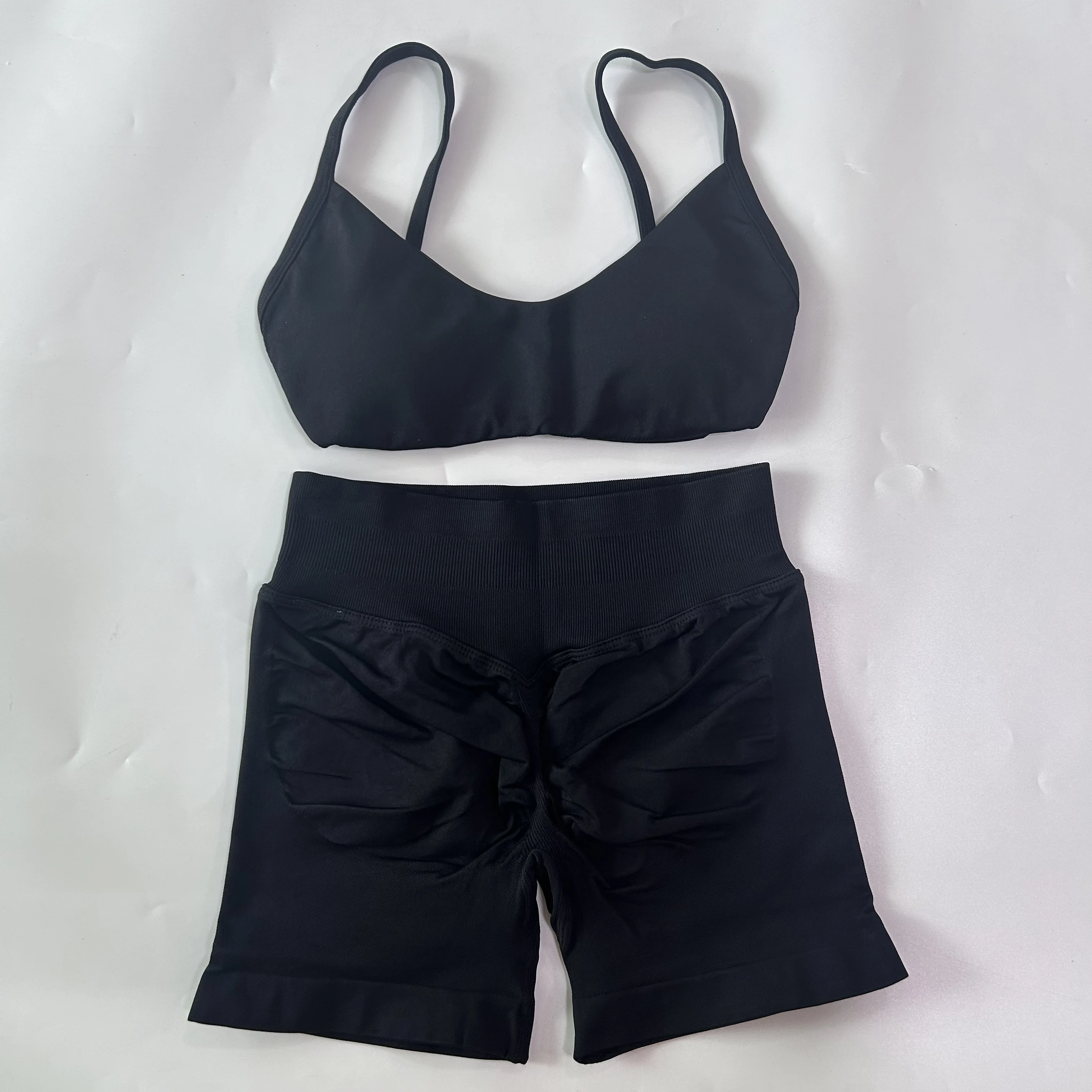 2-teiliges Set für Damen: Sport-BH mit Rundhalsausschnitt, nahtlose Scrunch-Yoga-Shorts, rückenfreies Fitness-Workout-Set, Sportbekleidung, Outfit – Detail 13