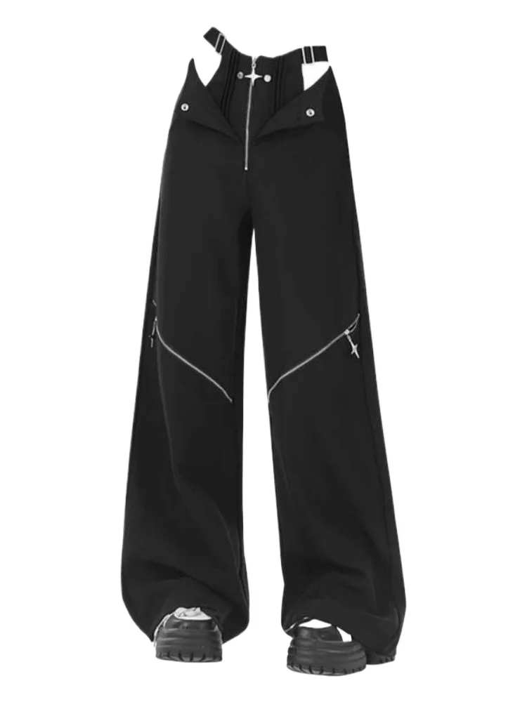 Streetwear Casual High Waist Hollow Out Pants Harajuku Solid Color Loose Wide Leg Y2k Aesthetic Women Zipper ​Grunge Pantalones