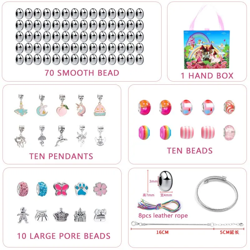 DIY Children\'s Bracelet Pink Unicorn Flat Box Set Handmade DIY Beaded Pendant Bracelet Necklace with Exquisite Gift Box