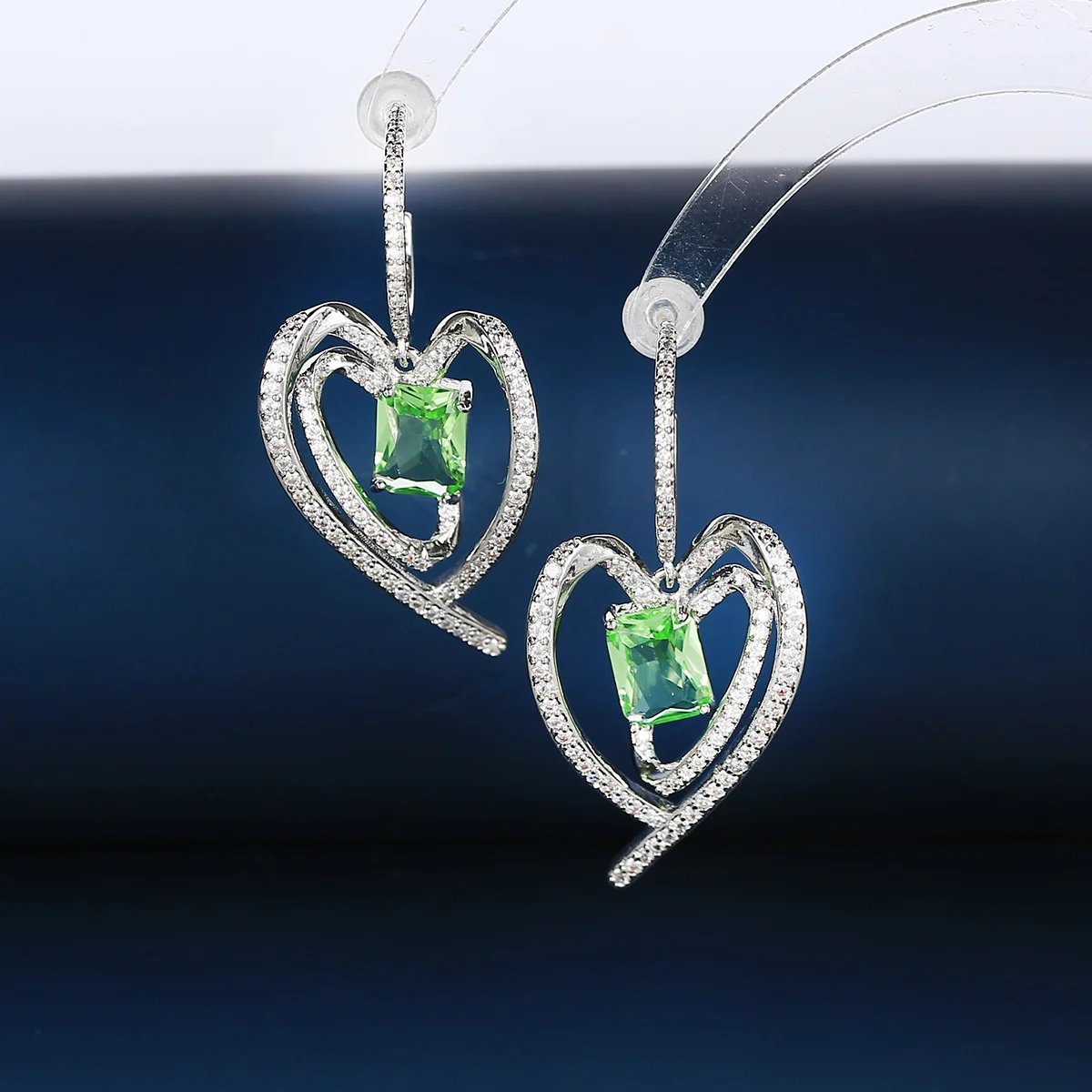 

925 Silver Needle Green Gemstone Double Heart Drop Earrings, Silver Tone Fashion Jewelry for Women Daily Party Wear