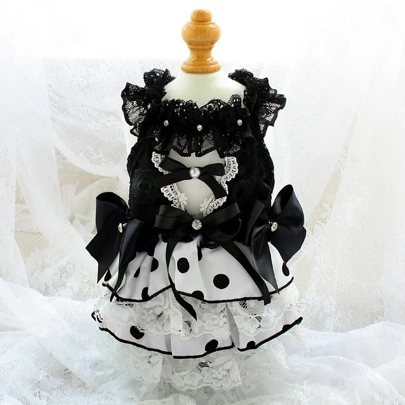 

High-end Design Handmade Dog Clothes Pet Supplies Princess Dress Classic Black White Dot Chiffon Lace Apparel Cute One Piece