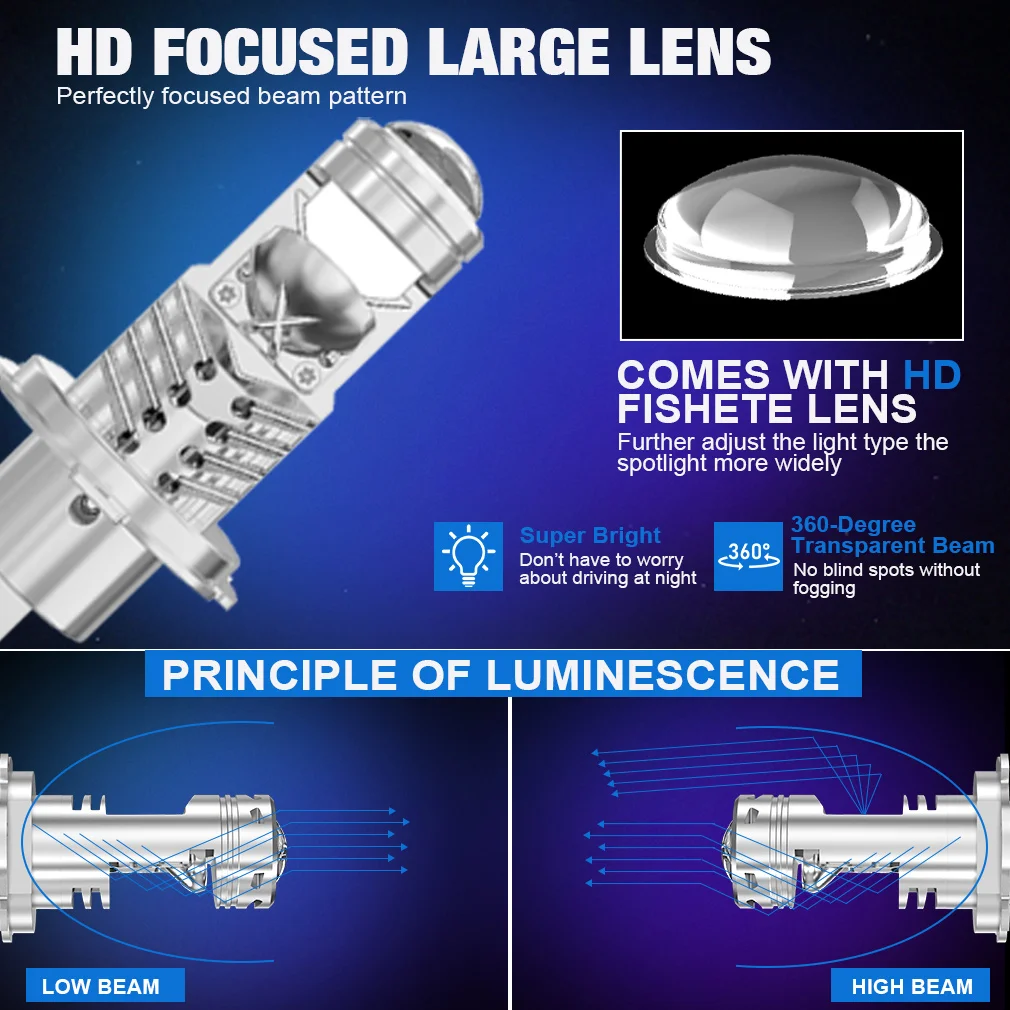 2pcs 30000LM H4 Led Projector Headlight Lamp H7 LED Lens Bulb Canbus Hi/Low Beam Auto H4 Led Motocycles Headlamp 120W 6000K 12V