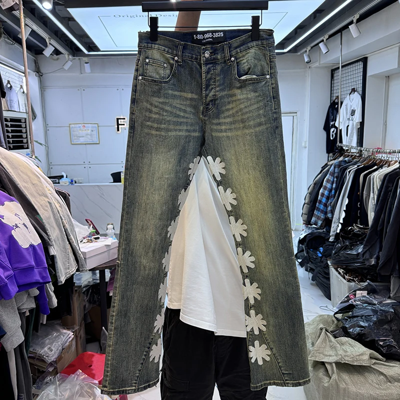

Джинсы с вышивкой Lostdws, облегающие, на пуговицах, повседневные длинные брюки для мужчин и женщин, молодежная уличная мода