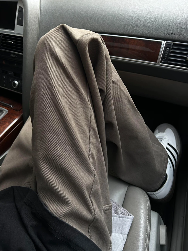 Cleanfit Brown Denim Jeans Men's Autumn High Waist Straight Leg Stretchable Micro Flared Pants Long Leg Effect Knife Cut