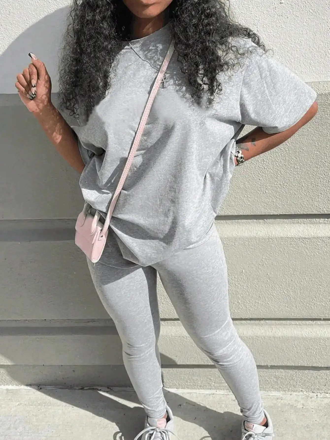 

Women's Gray Casual 2-Piece Set: Oversized T-Shirt & Leggings, Perfect for Fall Daily Wear