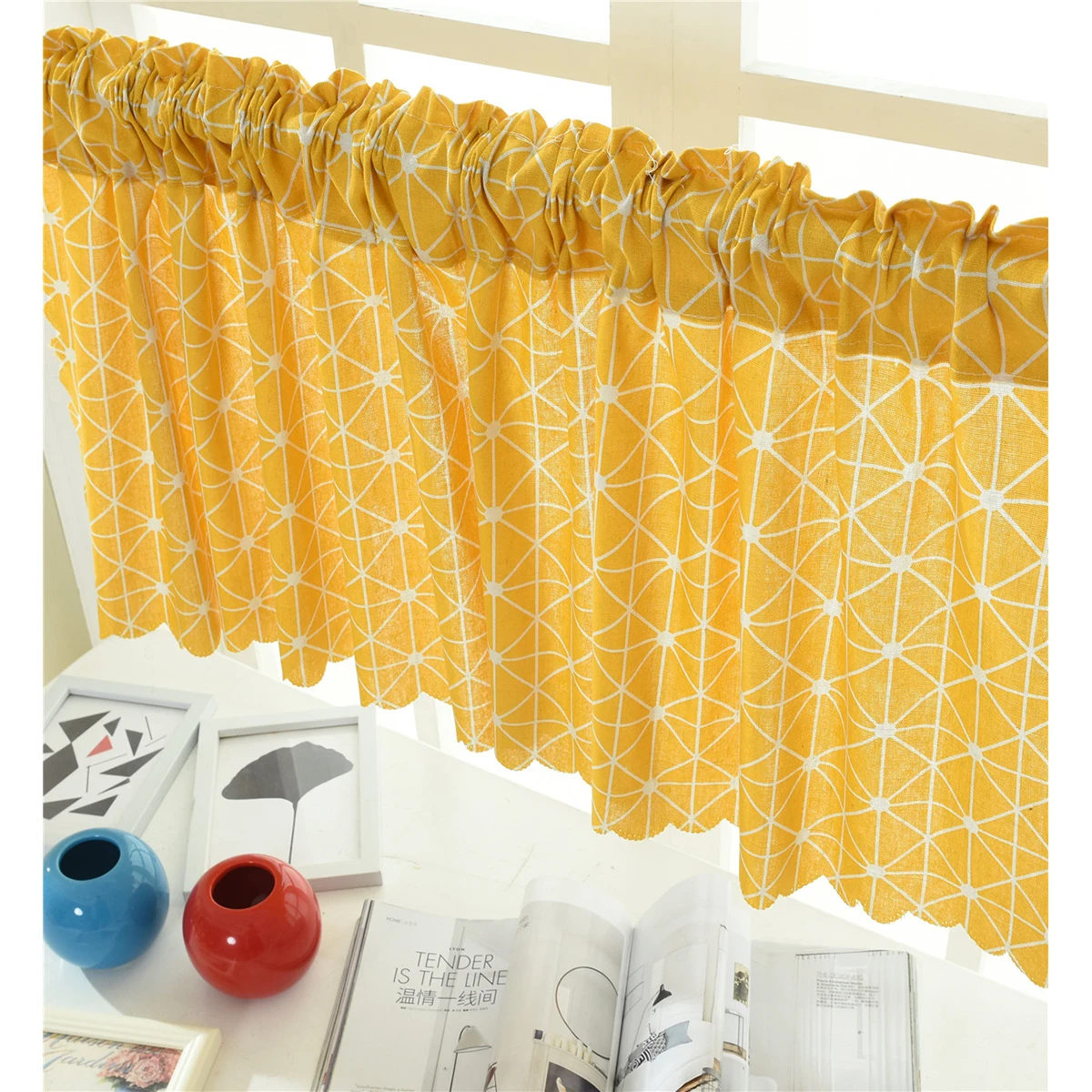 

Yellow Grid Short Curtain Curtains Kitchen Cafe Coffee Door Home Small and Fresh
