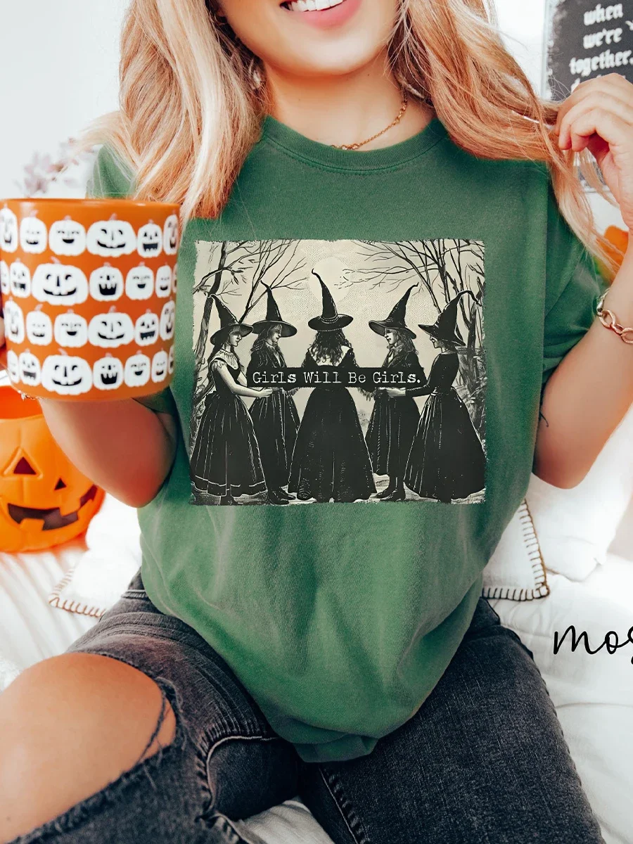 Halloween Vintage Girls Will Be Girls Witch Comfort Shirt WomenFunny Ghost Tee Gift Loose For Unisex Y2K Tee Streetwear Hip Hop