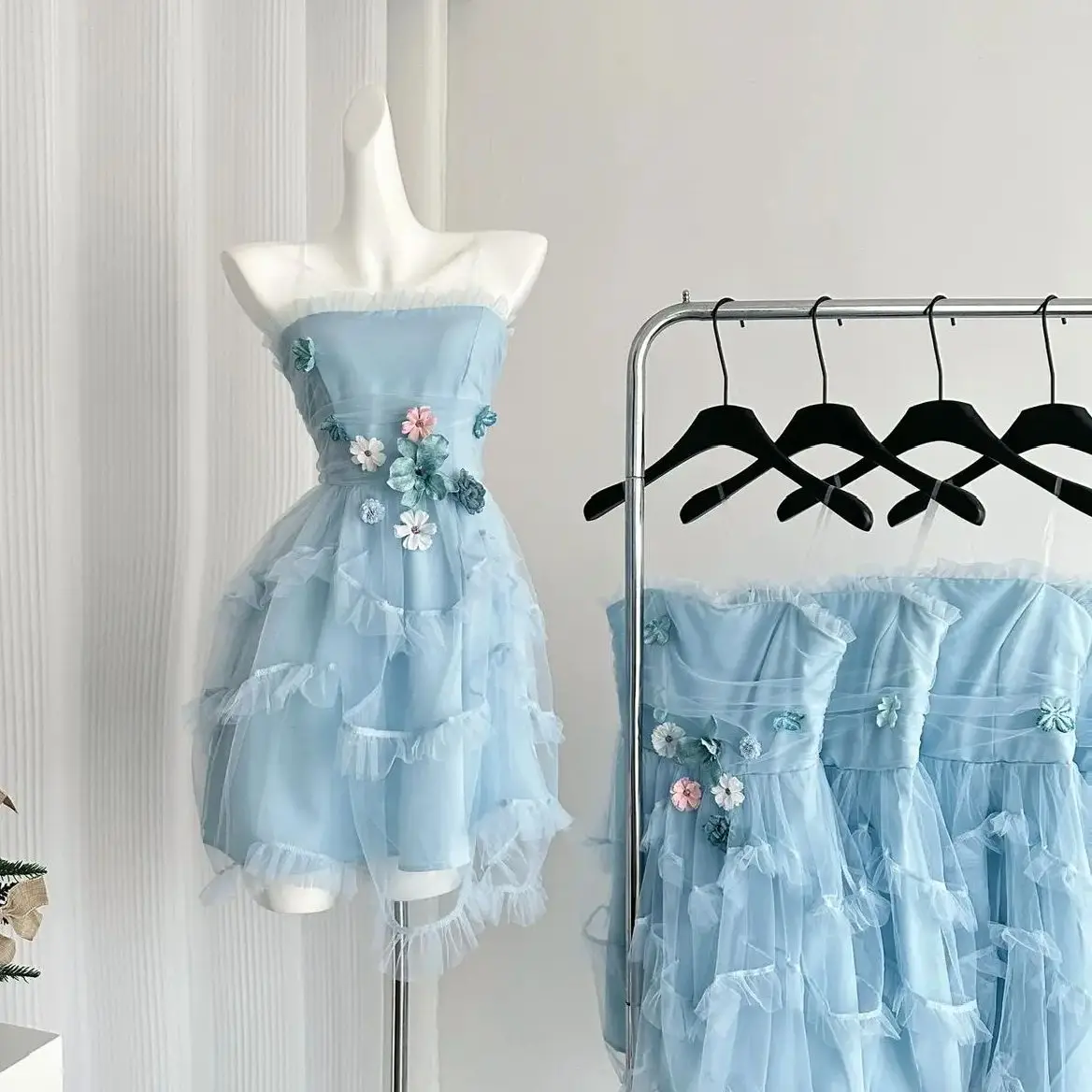 

Dress Tube Top Blue 3D Three-Dimensional Flower Female Summer New Sweet Hot Girl Birthday Party Princess Dress Cake Tutu Skirt