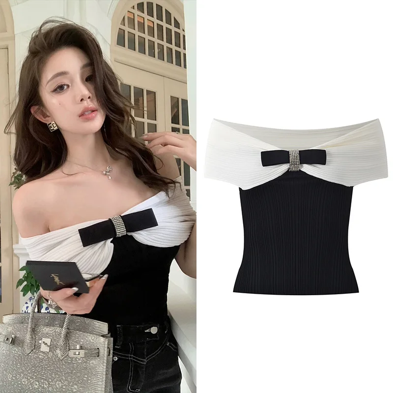 

Slimming Knitted Top Sexy oulder Bared Knot One-oulder Summer New Arrival for Women Ultra-Thin Color Card...