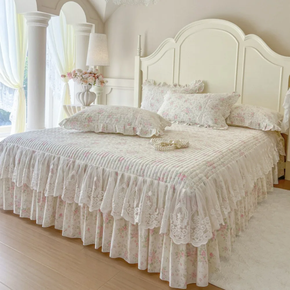 Pure Cotton Padded Quilted Bedspread Double Ruffle Lace Bed Skirt Lace Small Fresh Floral Quilt Cover Universal All Seasons