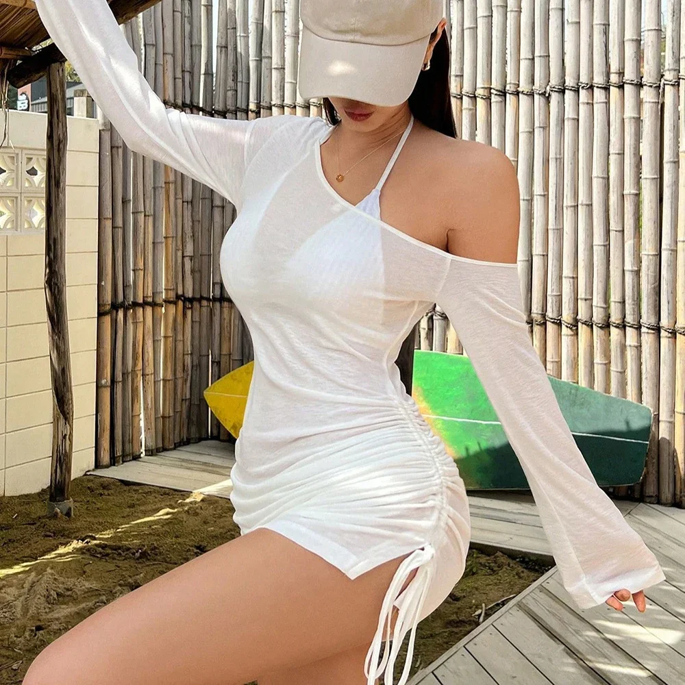 Abito da donna con spalle scoperte per la spiaggia, sexy, trasparente, con coulisse, colletto obliquo, mini abito increspato, copricostume a maniche lunghe