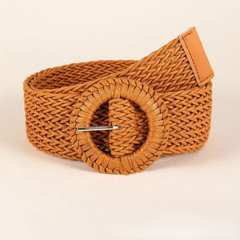 New Round Buckle Woven Waxed Rope Belt Vintage Simple Girls Paired Dress Jewelry Classic Pin Buckle Wide Belt for Women