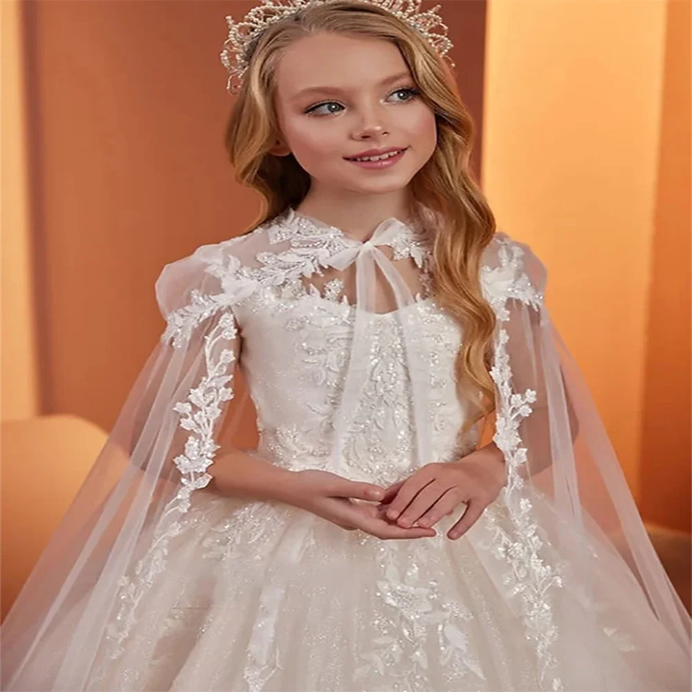 

Cape Fluffy Shiny Flower Girl Dress Sleeveless For Wedding Lace Tulle with Elegant Princess First Communion Birthday Gowns