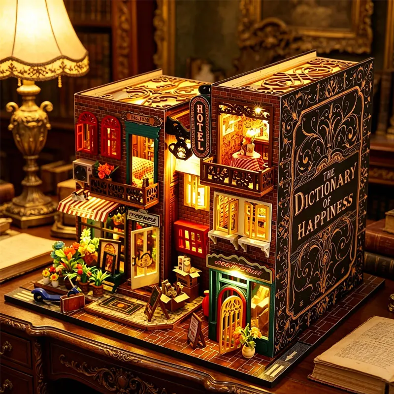Zuuton 3D European Street View DIY Book Nook Kit Wooden Miniature Bookend with LED Light Easy Assembly Craft Gift Home Decoratio