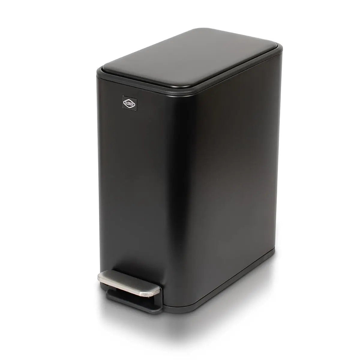 

Slim Metal Trash Can with Soft Close Lid, Step Pedal, Removable Bucket - 2.6 Gallon for Narrow Spaces, Bathroom, Office